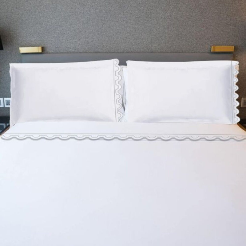 400TC U Shape Scallop Embroidery Cotton 4 Piece Sheet Set Fitted Sheet Fits Upto 16" Deep Pocket, Twin Fitted Sheet