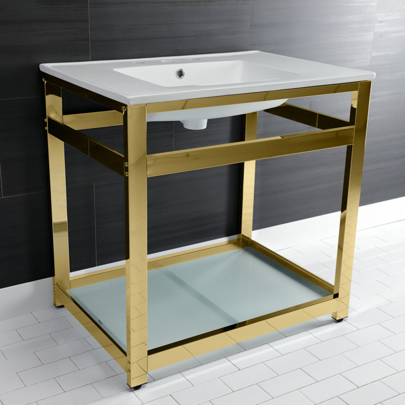 Kingston Brass Quadras 31-Inch Ceramic Console Sink with Steel Base and Glass Shelf, White/Polished Brass, 8" Centers