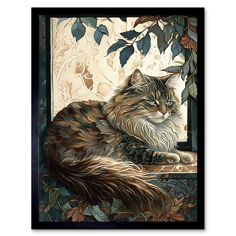 Siberian Cat Perched On Window Sill In Autumn Modern - Single Picture Frame Print