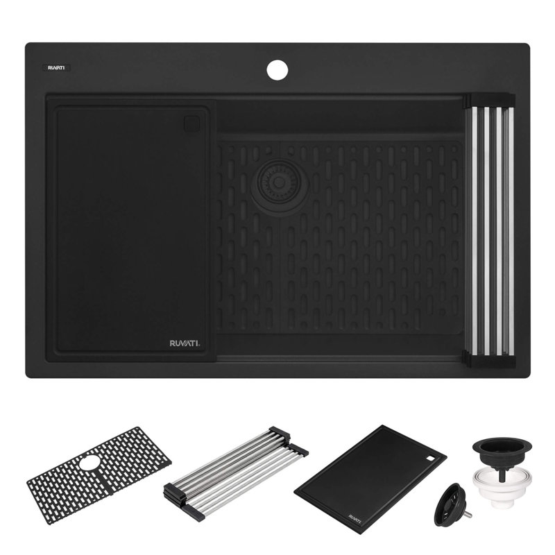 33'' L Drop-In Double Bowl Granite Kitchen Sink, Matte Black