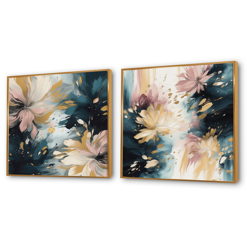 Abstractions en fleurs roses et beiges - ensemble de 2 collages carrés floraux abstraits, Cadre flottant doré