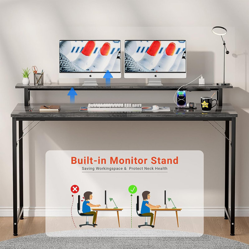 Iancarlo Metal Base Computer Desk with Power Outlet, Oak/Black, 33.9" H x 55.1" W x 19.7" D