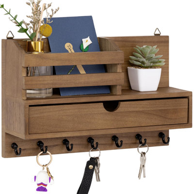 Porte-clés et porte-courrier, organisateur de courrier mural avec 6 crochets, porte-clés en bois avec tablette (brun)