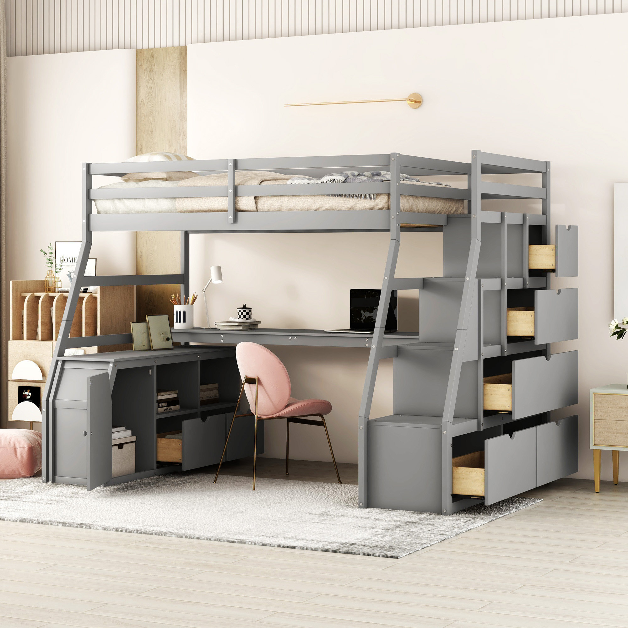 Harriet Bee Loft Bed With 7 Drawers 2 Shelves And Desk - Wayfair Canada