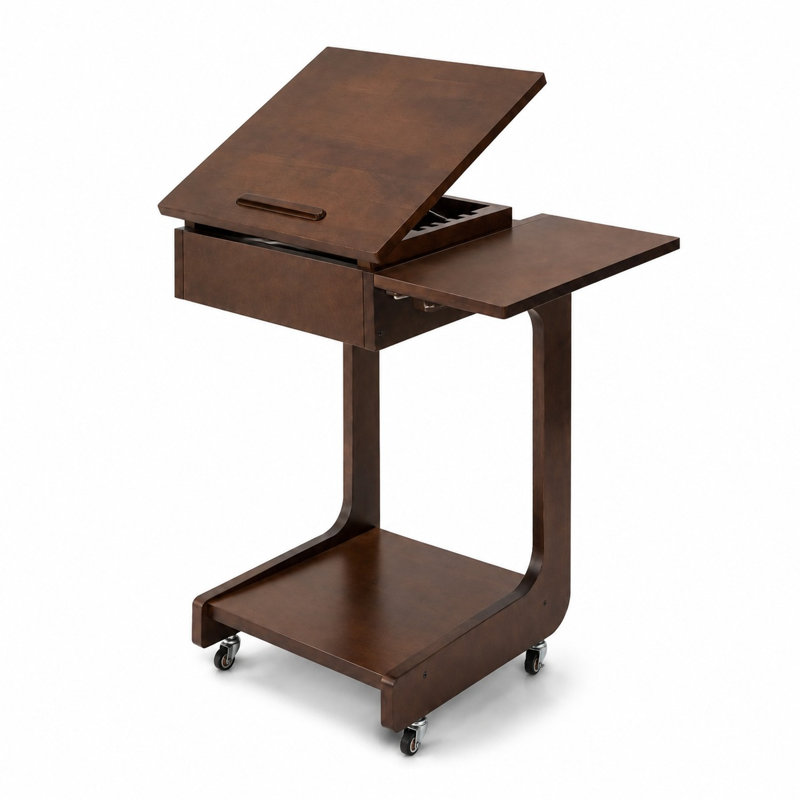 27.4" Solid Wood C-Shaped Rolling End Table with 360° Rotating Desktop, Foldable Shelf, Removable Laptop Stand & Lockable Wheels