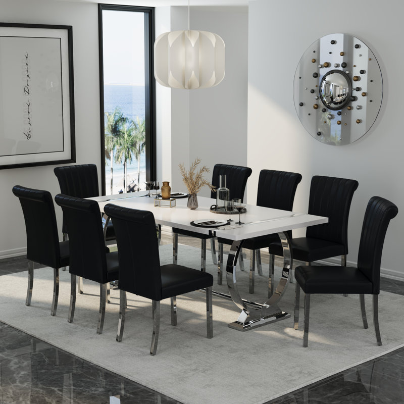 Ensemble de table de salle à manger 9 pièces moderne en chrome argenté avec 8 chaises en cuir noir et argent, Noir