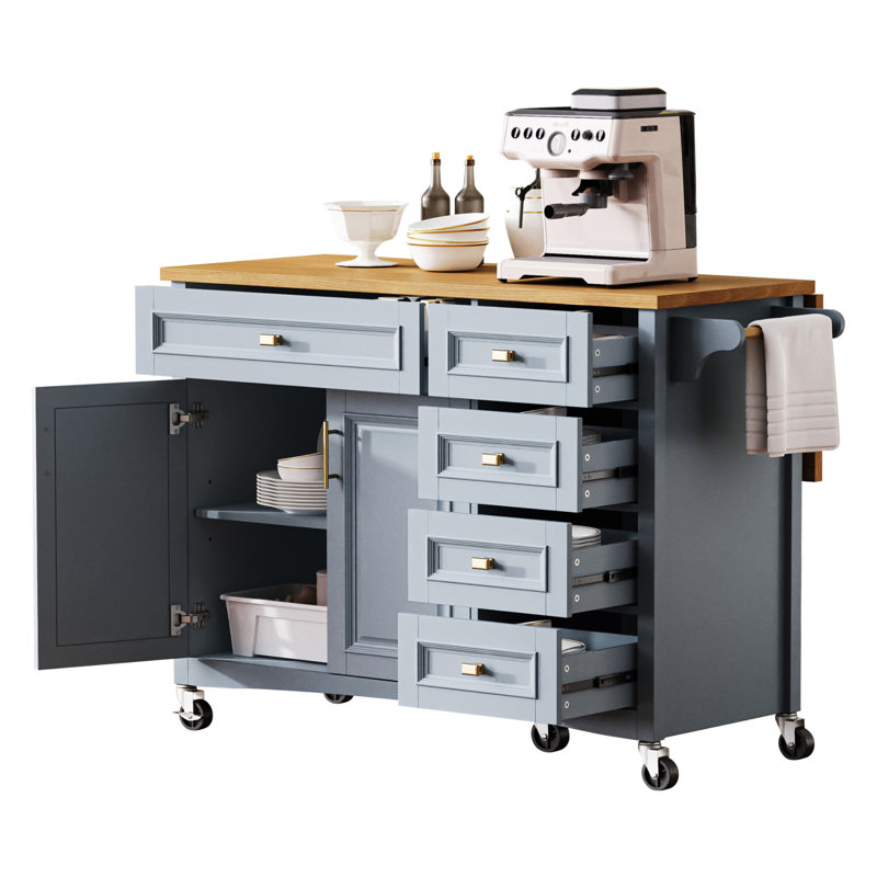 52" Kitchen Island with Drop Leaf, Embossed Texture Kitchen Island on Wheels with Spice Rack, Towel Rack, 2 Doors and 5 Drawers, Kitchen Storage Cart with Adjustable Shelf for Kitchen, Blue Grey