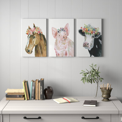Flower Crown Cow - ensemble de 3 impressions sur toile tendue