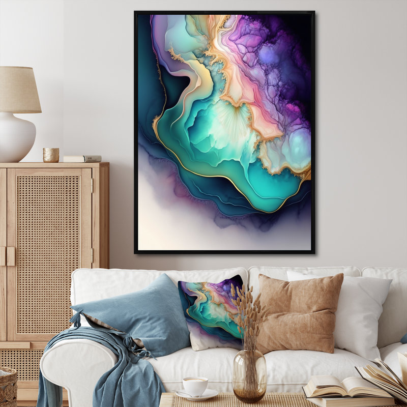 Bleu et mauve abstrait Geode II - art mural abstrait en marbre, H 20 po x l 12 po x P 1 po, Cadre flottant noir