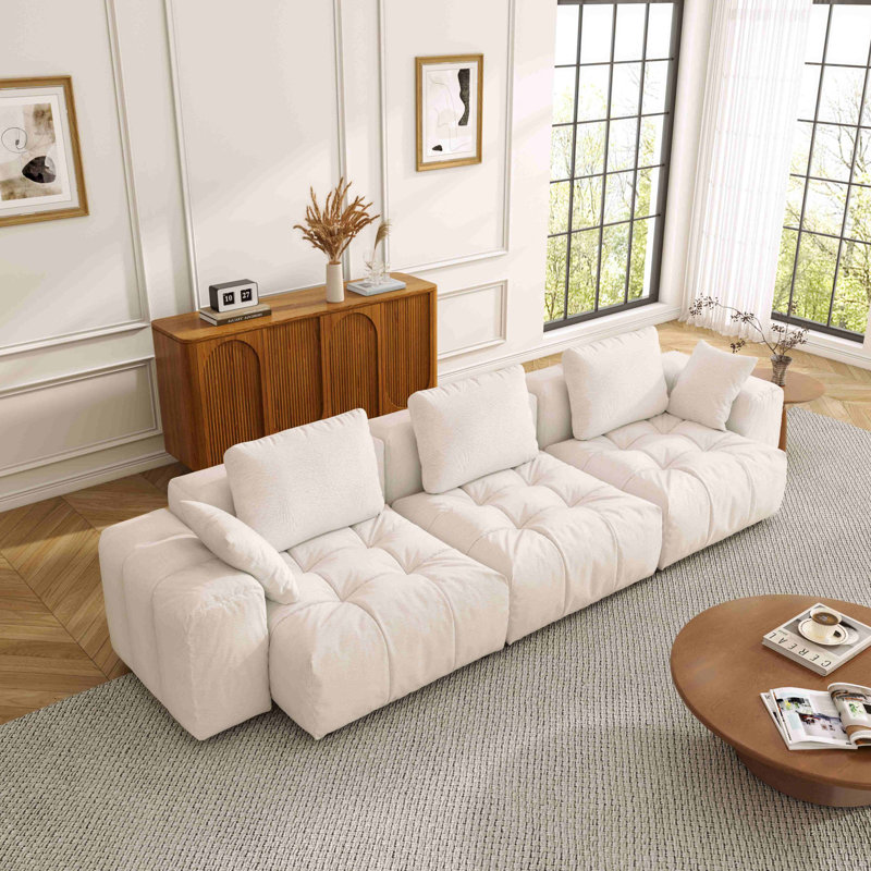 Canapé modulaire rembourré en duvet 121,2 po avec canapé-lit 3 places pour salon, Crème, crème