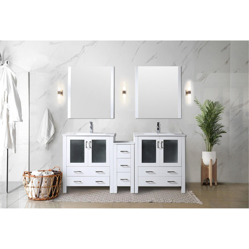 Blanc 72 po De meuble-lavabo double P 18,25 po avec armoire latérale, comptoir en céramique, robinet, fermeture en douceur, grand espace de rangement dans les tiroirs et les armoires, surface de teinture Scratch, mesure en acier inoxydable à un trou