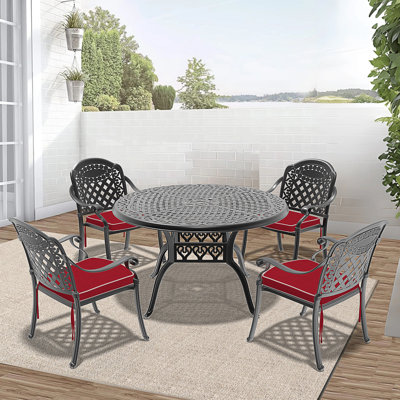 Ensemble de 5 meubles de patio en fonte d'aluminium avec structure et coussins de siège rouges