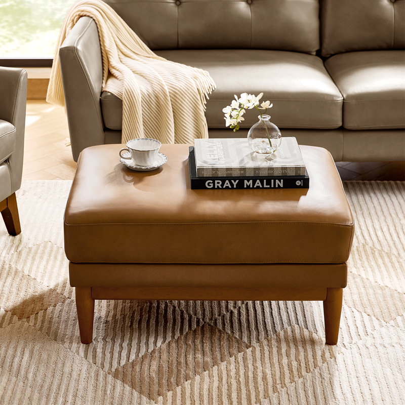 Erauso 33.5"W Mid-Century Modern Genuine Leather Ottoman with Solid Wood Legs, Camel
