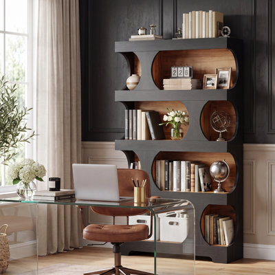 Bibliothèque 71 pouces de hauteur avec design incurvé, bibliothèque autoportante moderne à 4 niveaux pour bureaux à domicile, salons, chambres à coucher