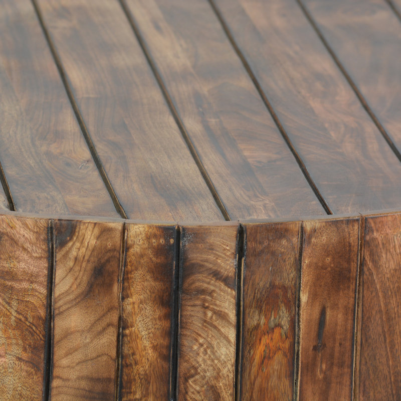 Handcrafted 34-Inch Solid Wood Round Coffee Table, Burned Brown Plank Design