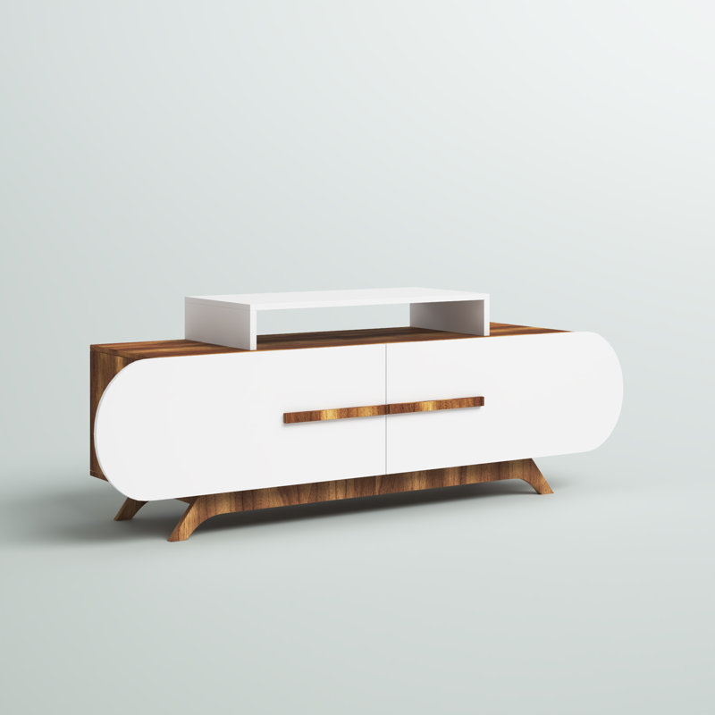 Modern TV Stand with Wall-Mount Option, Walnut & White, 57.1 x 19.6 x 14.5 inches | 100% Melamine Coated Particle Board, Thick: 0.7 inches | Multiple Shelves for Storage & Display, Stylish & Functional Design
