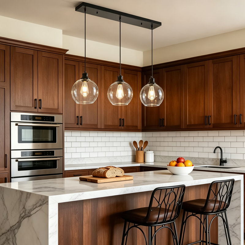 Luminaire suspendu pour îlot de cuisine 3 lumières noir mat, Transparent