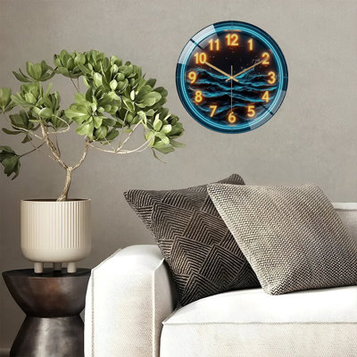 Neon Style Clock With Ocean Waves Art - 12'' Modern Glass Wall Clock