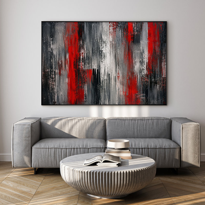Très grand reproduction d'art sur tissu - Composition abstraite rouge pour salon contemporain - "Assemblage requis (cadre non fini)"