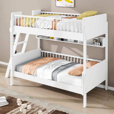 Twin Over Twin Bunk Bed With Storage Shelves, Solid Wood Bunk Bed With Storage And Ladder, Guardrails, No Box Spring Needed