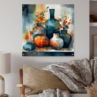 Art mural bleu et orange Boho Pottery I - Boho Pottery, art mural acrylique