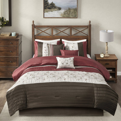 Queen Size Red 7 Piece Comforter - Embroidery Accents Fabric Machine Washable Comforter, Shams, Pillows, Bed Skirt Bedding Transitional Design On & Wrinkle-