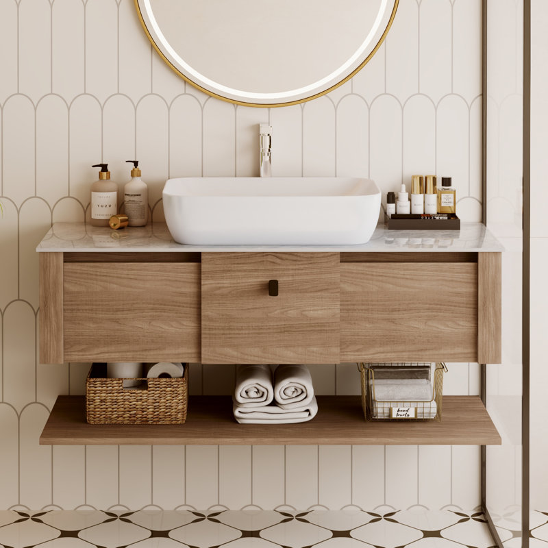 Meuble-lavabo brun moderne 48 po avec lavabo blanc