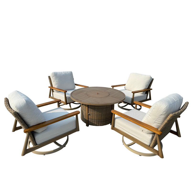 Ensemble de 5 sièges d'extérieur en osier pour patio avec coussins, Fonte naturelle, Brun