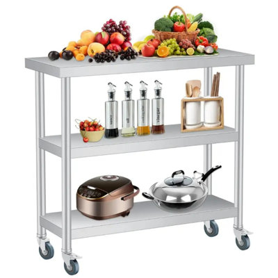 Heavy-Duty Commercial & Home Kitchen Work Table - Stainless Steel Food Prep Table With Locking Wheels, 3-Shelf Utility Table, 14X34x44 Inch, Easy-Clean Surface For Restaurant, Garage, Outdoor, Mobile Kitchen - Assembly Required, Garage Organization, Spac