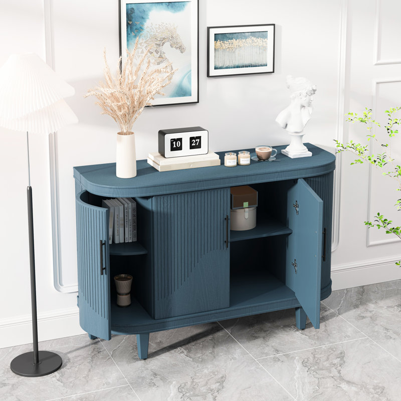 Buffet moderne en bois bleu de 47,2 pouces avec tablettes réglables pour la chambre à coucher, le couloir, la cuisine, l'armoire de la console du salon, 4 portes et l'intérieur de la cuisine