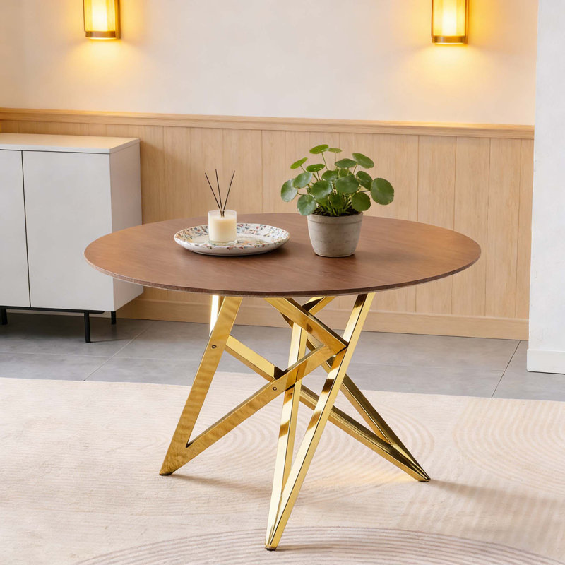 37 Inch Round Dining Table with Golden Metal Legs, Perfect for Small Spaces and 2-4 People Gatherings, Walnut, Gold