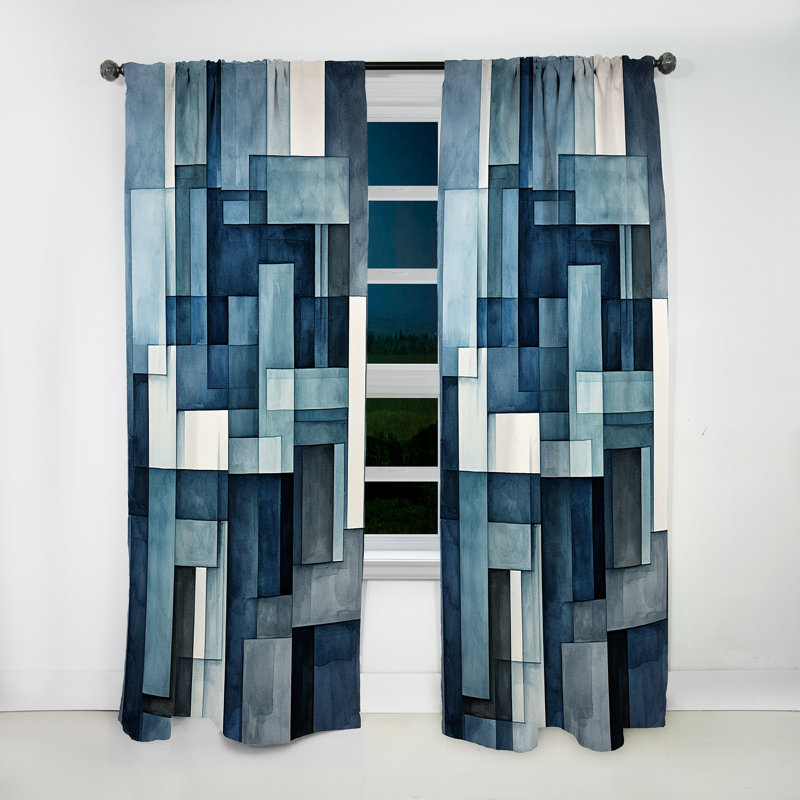 Indigo Illusion Abstract Shapes II - Rideau moderne - Velours obscurcissant - 1 panneau, L 52 po x L 63 po