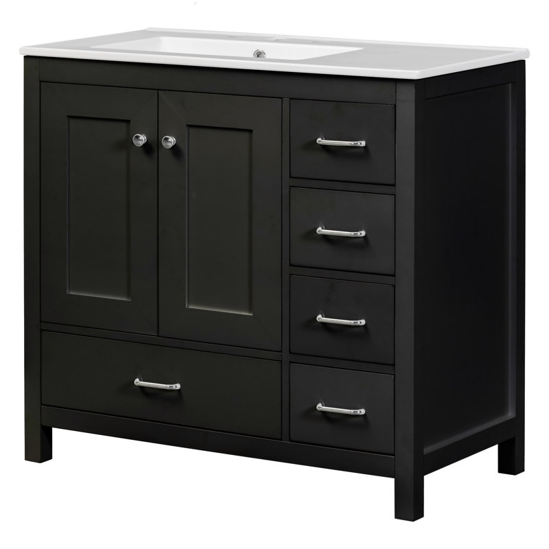 Meuble-lavabo 36 po avec lavabo en céramique, armoire de rangement abondante, 2 portes à fermeture douce et 5 tiroirs, Noir