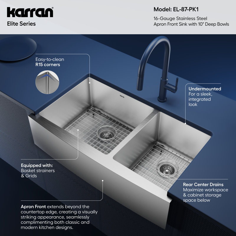 Karran 16-Gauge Stainless Steel 36'' X 22-1/4'' 60/40 Double Bowl Farmhouse Apron Front Sink Kit