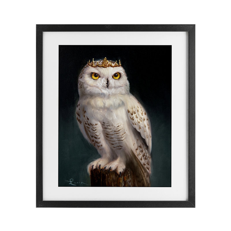 «Snowy Owl King», reproduction sous verre encadrée, design par Lucia Heffernan, Cadre noir minuit, 16" H x 13" W
