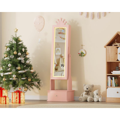 Kids Jewellery Armoire with LED Light, Freestanding Jewellery Organizer with Mirror & Drawers