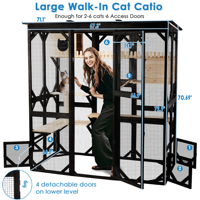 Outdoor Cat Catio 71.1"L Walk-in Large Solid Wood Cat House Condo Playpen With Platform Cat Enclosure