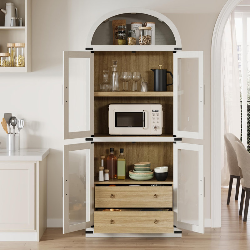 71.4" Arched Farmhouse Bookcase with Doors & Drawers, 15.8" Deep Wooden Display Cabinet for Living Room & Office, White