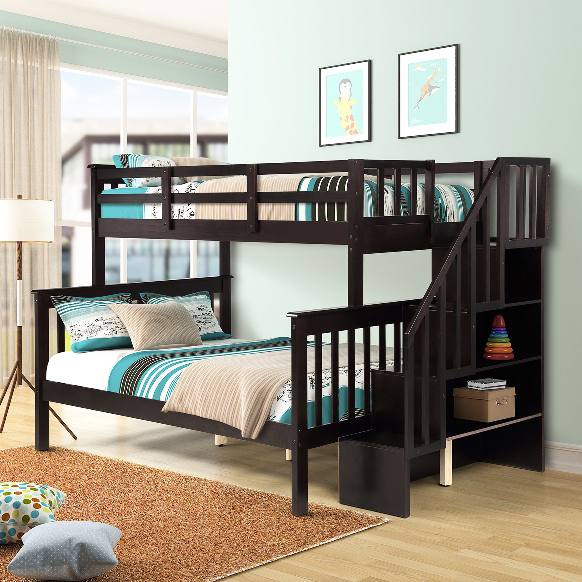 Latitude Run® Bunk Bed With Storage Compartments And Secure Guard Rail ...