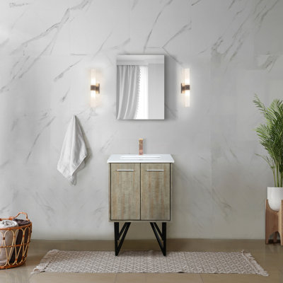 24 In. W Rustic Vanity For Bathroom With White Quartz Countertop, Rose Gold Faucet And 18 Rectangular Mirror Wide Bath Vanity, Top, Square Beveled