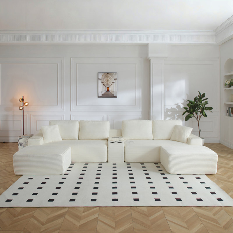 Canapé modulaire en L surdimensionné en forme de L avec porte-gobelets, USB, rangement, velours côtelé, Beige