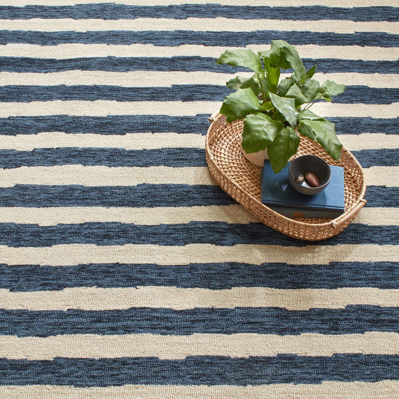 Silas Stripe Navy Hand Micro Hooked Wool Rug, Runner 2'6" x 8'