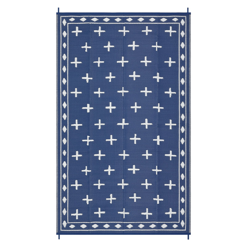 8' x 10' Waterproof Reversible Outdoor Rug, Plastic Straw Weave, Lightweight and Easy-Clean Patio Mat for Deck, Backyard, Camping or RV Use, Dark Blue