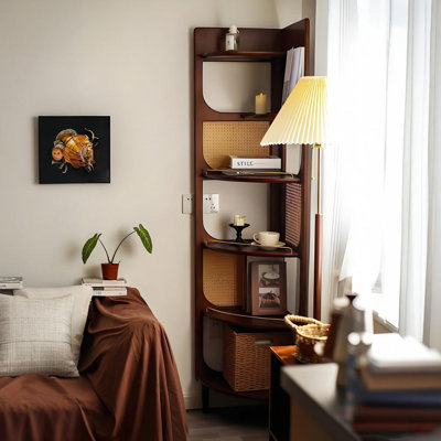 70.87" H Vintage Walnut Color Solid Rubberwood Freestanding Corner Cabinet with Rattan Accents, 6-Tier Storage Shelf