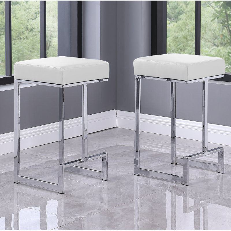 Jochebed Upholstered Counter Stool with Metal Frame, Counter Stool (25” Seat Height), White, Silver