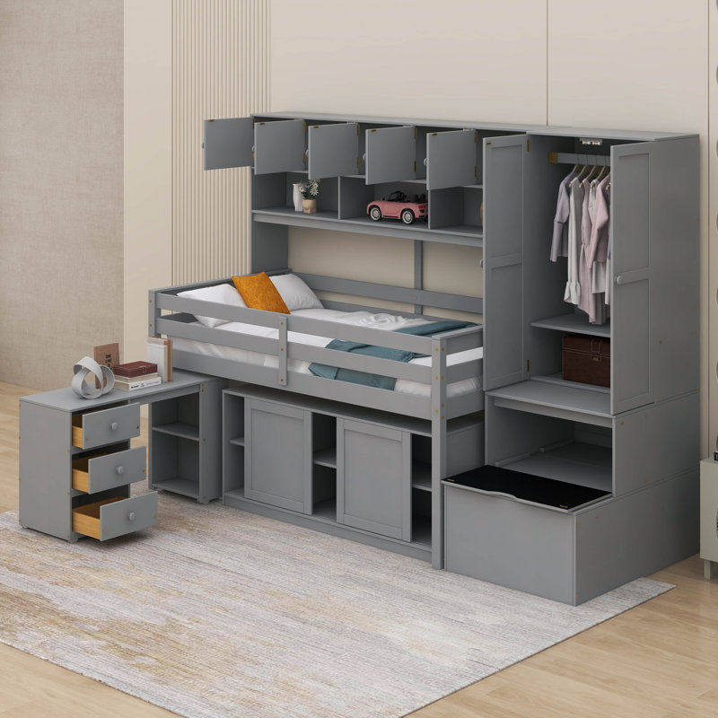 Lit mezzanine simple en bois avec bureau sous le lit, tiroirs et tablettes Jemika, gris