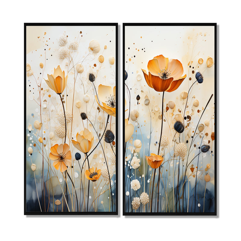 Art mural moderne orange et bleu en sourdine I - bleu, 2 pièces, 32" H x 32" W, Impression encadrée flottante, Black