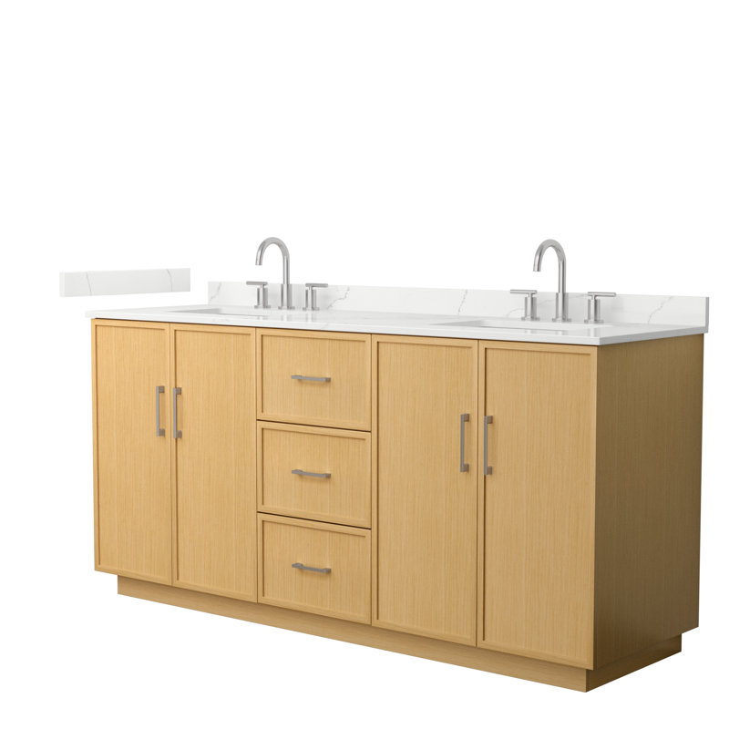 Meuble-lavabo double autoportant 72 po avec plateau en quartz Elan TK, Quartz Giotto, Chêne clair, Nickel brossé