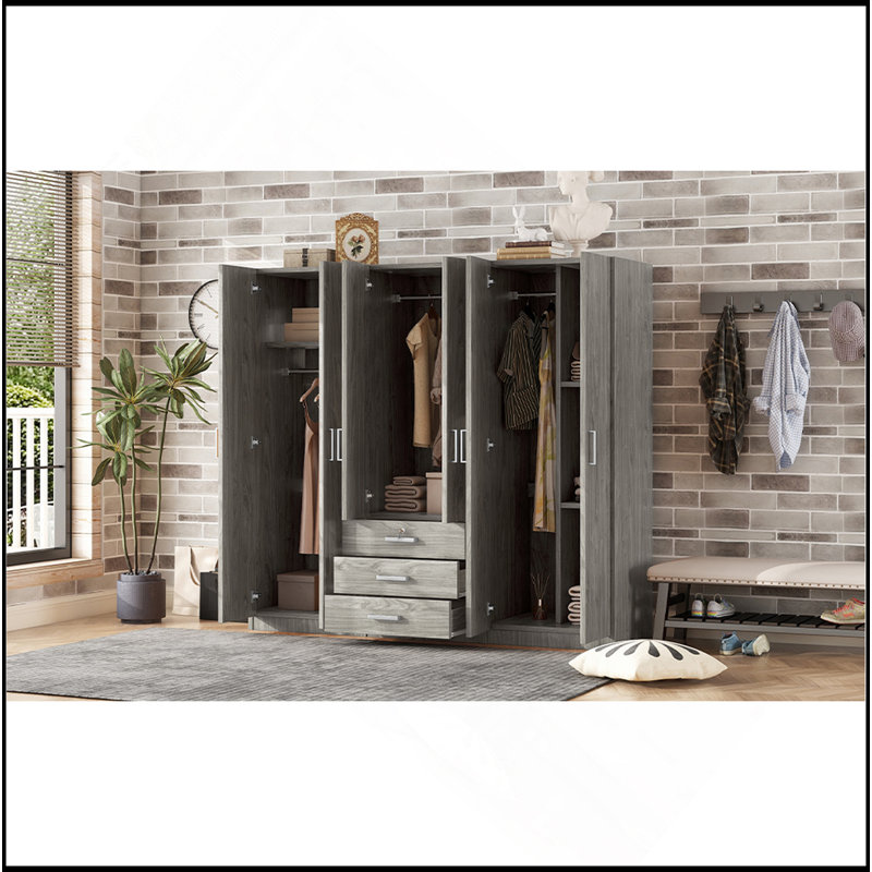 Rangement à 6 portes pour garde-robe en bois pour chambre à coucher, avec grands tiroirs, gris, Gris