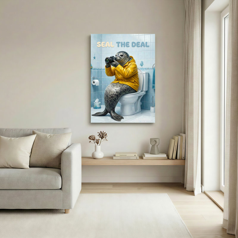 Tableau mural humoristique « Scellez l'affaire » sur toile, représentant un phoque en veste jaune sur les toilettes (1 pièce)